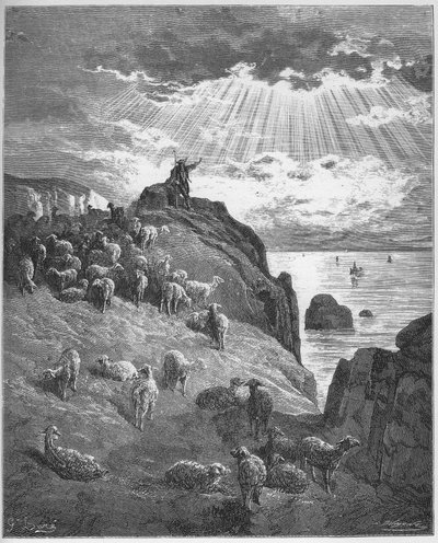 Le berger et la mer - 牧羊人和大海 - 摘自Jean de La Fontaine (Lafontaine) (1621-95)的《寓言》--根据Gustave Dore (1832-83)的作品雕刻 - 私人收藏 作者 古斯塔夫（之后）多尔