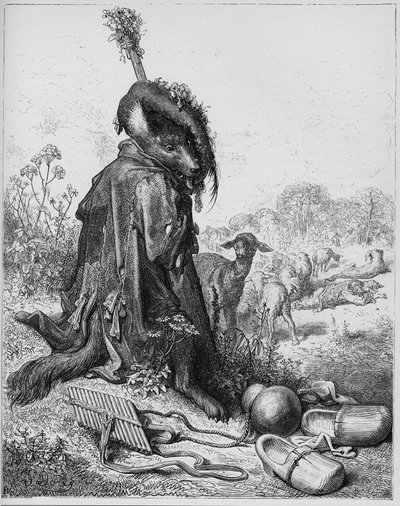 Le loup devenu berger--扮演牧羊人的狼--出自Jean de La Fontaine (Lafontaine) (1621-95)的《寓言》--根据Gustave Dore (1832-83)的作品雕刻--私人收藏 作者 古斯塔夫（之后）多尔