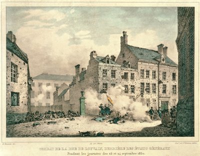 1830年9月23日至24日在布鲁塞尔Rue de Louvain战斗，在Etats Generaux后面，由Jean Baptiste Madou雕刻（1796-1877） 作者 西蒙诺之后的古斯塔夫·阿道夫