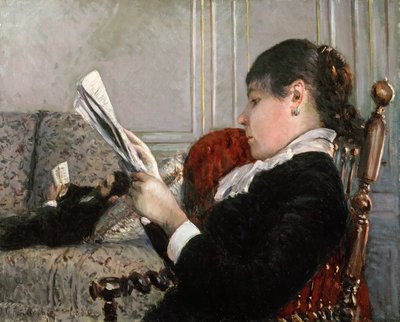 室内，女人阅读，1880年 作者 Gustave Caillebotte
