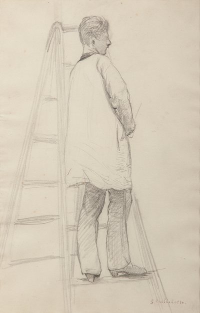 房屋油漆工的研究：梯子上的男人，四分之三后视图 作者 古斯塔夫·卡耶博特
