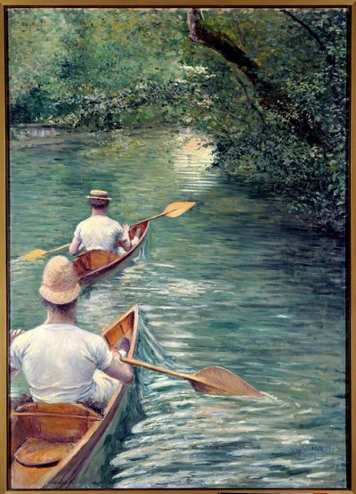 The perissoires. Couple walking in the water in perissoires, kind of kayak (The Canoes). (Element of a decorative set: triptych designed with La Peche a la Ligne and Les Baigneurs). Painting by Gustave Caillebotte (1848-1894) 作者 古斯塔夫·卡耶博特