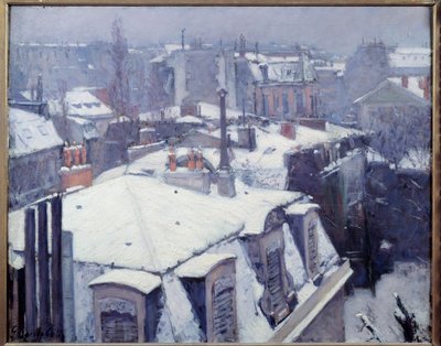 屋顶屋顶 (effet de neige) 古斯塔夫·卡耶博特 (Gustave Caillebotte) (1848-1894) 的巴黎画作，1878 年 0,64x0,82 m 巴黎，奥赛博物馆 - 巴黎屋顶（有雪）的景色。 古斯塔夫·卡耶博特 (Gustave Caillebotte) 的绘画 (1848-1894) 作者 古斯塔夫·卡耶博特