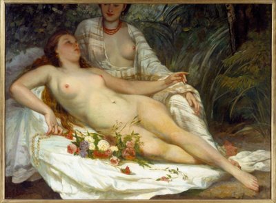 沐浴者说两个裸体女人。古斯塔夫-库尔贝（1819-1877）的画作 作者 Gustave Courbet