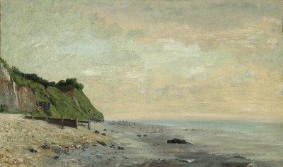 海岸上的悬崖：小海滩, 日出法莱斯在海的边上, vu Petite Plage... 作者 古斯塔夫·库尔贝