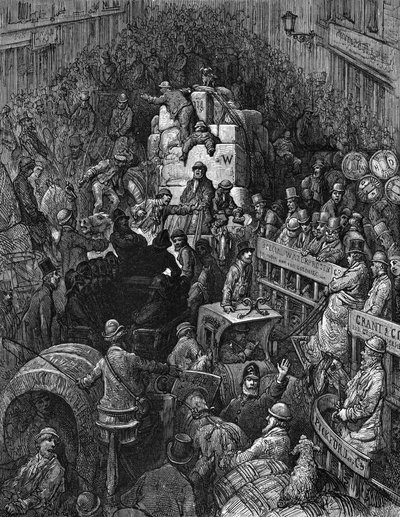 一条城市大道来自 Gustave Dore 和 Blanchard Jerrold 的伦敦：1872 年，伦敦朝圣之旅。一名伦敦警察正在努力疏导车辆，描绘了交通拥堵的混乱场景。木刻版画。 作者 Gustave Dore