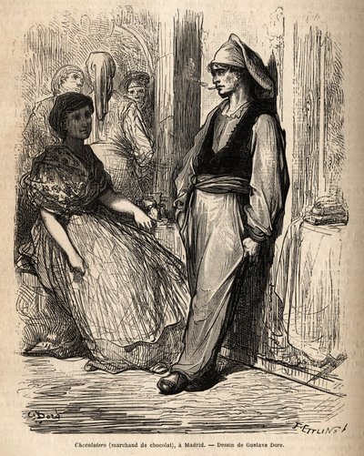 A chocolate dealer in the open air, sketch on the lively taken in Madrid. Engraving by Gustave Dore (1832-1883) to illustrate his trip to Spain, with Ch. Davillier (editor), in 1862, published in “” Le tour du monde””” 1869, edited by Edouard Charton, Hach 作者 古斯塔夫·多尔（Gustave Dore）