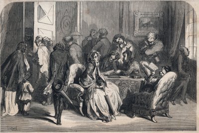 牙医的候诊室。古斯塔夫-多雷（1832-1883）的绘画。1862年在 "杰出世界 "上的版画。私人收藏。 作者 古斯塔夫·多尔（Gustave Dore）