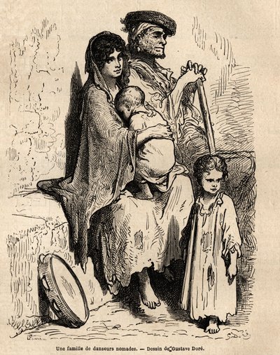 一群游牧舞者在塞维利亚街头休息。 Gustave Dore (1832-1883) 在现场拍摄的草图。 1862 年 Charles Davillier 和 Gustave Dore 为说明西班牙航行的雕刻，在“Le tour du monde, nouveau journal des voyag 作者 古斯塔夫·多尔（Gustave Dore）