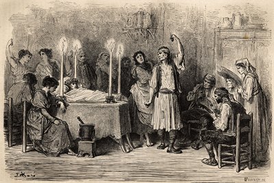 葬礼舞蹈，在太平间日在 Jijonas（阿利坎特省）。 Gustave Dore (1832-1883) 在现场拍摄的草图。 1862 年查尔斯·达维利埃和古斯塔夫·多尔在“Le tour du monde, nouveau jour 作者 古斯塔夫·多尔（Gustave Dore）