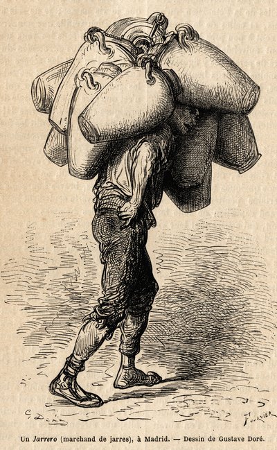 一个罐子商人，在马德里拍摄的活泼的草图。古斯塔夫-多尔（Gustave Dore，1832-1883）为他1862年与Ch.Davillier（编辑）的西班牙之行绘制的版画，发表在《世界之旅》1869年，由Edouard Charton编辑，巴黎Hachette版。 作者 古斯塔夫·多尔（Gustave Dore）