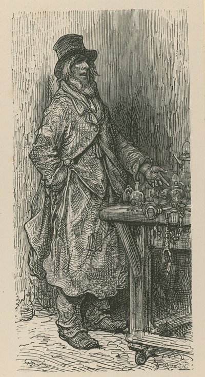 一个男人站在市场摊位卖他的商品 作者 古斯塔夫·多尔（Gustave Dore）