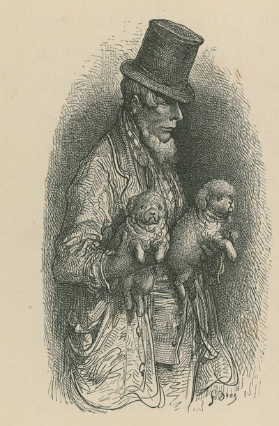 戴顶帽子的一个人，当在他的手上时拿着两条狗 作者 古斯塔夫·多尔（Gustave Dore）