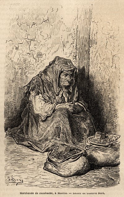 一位花生商人在马德里太阳门广场的现场素描。 Gustave Dore (1832-1883) 的版画以说明他的西班牙之行，与 Ch. Davillier（编辑），1862 年，发表在“Le tour du monde””“1869 年，Edouard Charton 编辑，Hachet 作者 古斯塔夫·多尔（Gustave Dore）