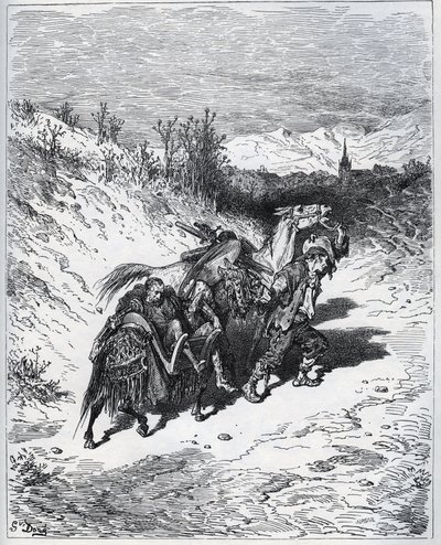 耕ower者唐·吉x德（Don Quixote）和罗西南特（Rossinante）从米格尔·塞万提斯（Miguel Cervantes）的《唐吉x德·德拉·曼恰》中回到村里 作者 古斯塔夫·多尔（Gustave Dore）