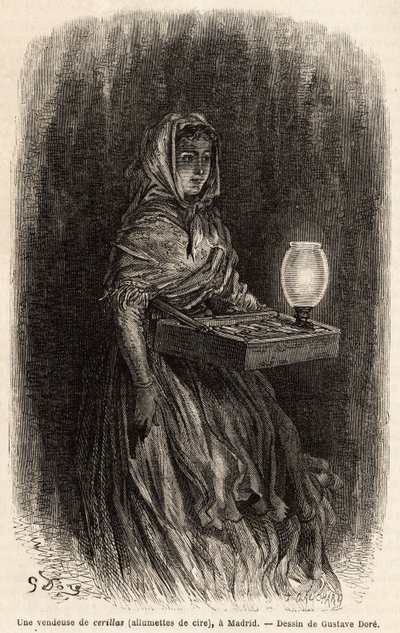 A saleswoman of wax matches, sketch on live in the puerta del sol, in Madrid. Engraving by Gustave Dore (1832-1883) to illustrate his trip to Spain, with Ch. Davillier (editor), in 1862, published in “” Le tour du monde””” 1869, edited by Edouard Charton,  作者 古斯塔夫·多尔（Gustave Dore）