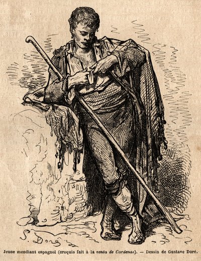 一个年轻的乞丐，a la vente de Cardenas，阿尔马登（海峡省）路上的一家旅馆。 Gustave Dore (1832-1883) 在现场拍摄的草图。 1862 年 Charles Davillier 和 Gustave Dore 在“Le tour d 作者 古斯塔夫·多尔（Gustave Dore）