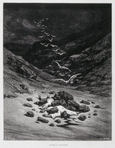 亚罕被乱石砸死（约书亚记 7：1，10-26），插图摘自《多尔圣经 作者 古斯塔夫·多尔（Gustave Dore）