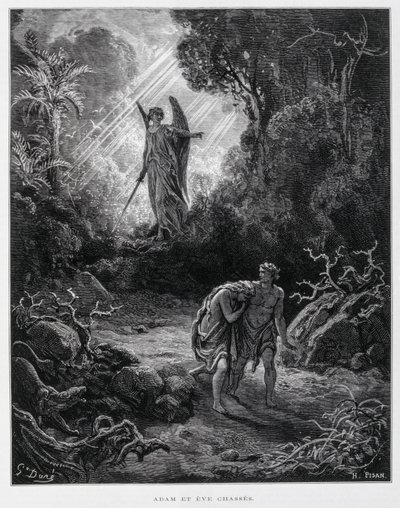 亚当和夏娃被天使逐出伊甸园，《多尔圣经》插图 作者 古斯塔夫·多尔（Gustave Dore）