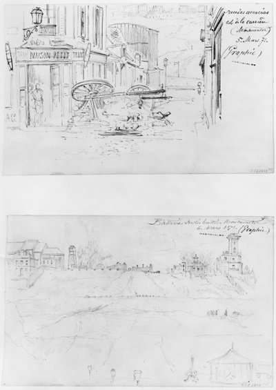 1871年3月5日，巴黎围城的专辑，Rue des Accacias et rue de la Carriere，1871年3月6日在巴特蒙马特的电池（笔和棕色墨水笔和铅笔在纸上） 作者 古斯塔夫·多尔（Gustave Dore）