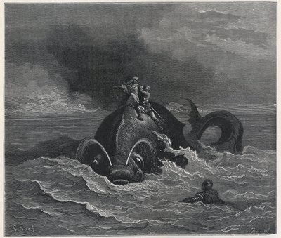 "阿尔希娜（Alcina）和雷诺（Renaud）在鲸鱼背上背着阿斯托尔弗（Astholfo）（《奥兰多-狂怒记》），卢多维科-阿里奥斯托（1474-1533 年）19 世纪作品（雕刻） 作者 古斯塔夫·多尔（Gustave Dore）