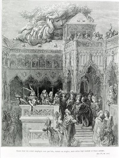 在弗朗索瓦·拉伯莱 (François Rabelais) (1483 - 1553) 在 Gargantua (1534) 之后，他们的一生都不是受法律、法规或规则的约束，而是根据他们的意愿和坦率的意愿。 由 Gustave Dore (1832-1883) 雕刻。 作者 古斯塔夫·多尔（Gustave Dore）