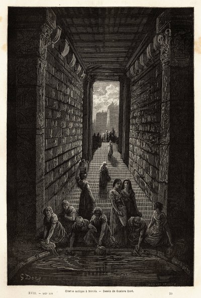 梅里达的一个仍在使用的古董蓄水池。 Gustave Dore (1832-1883) 插画家和 Baron Ch. 的雕刻以说明前往西班牙的航行。 达维利尔反应堆，1862 年，发表在“Le tour du monde, nouveau journal des voyages”上，指导下 作者 Gustave Dore