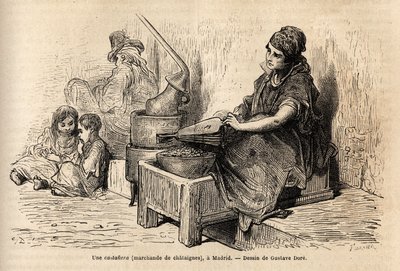 An open-air chestnut merchant, with her portable oven, sketch on the vivid in the puerta del sol, in Madrid. Engraving by Gustave Dore (1832-1883) to illustrate his trip to Spain, with Ch. Davillier (editor), in 1862, published in “” Le tour du monde””” 18 作者 古斯塔夫·多尔（Gustave Dore）