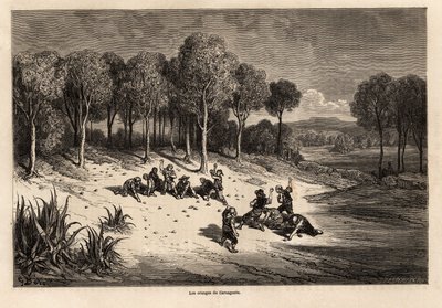 Battle of Oranges by Carcagente, drawing by Gustave Dore (1832-1883), to illustrate his journey to Spain with C.Davillier, in 1862. Engraving in “” Le tour du monde””, edited by Edouard Charton 作者 古斯塔夫·多尔（Gustave Dore）
