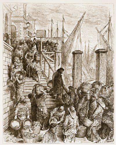 Billingsgate，Landing the Fish，来自&39;伦敦，一个朝圣&39;，由William Blanchard Jerrold（1826-94）撰写，并由Hildibrand，pub雕刻。 1872年 作者 Gustave Dore