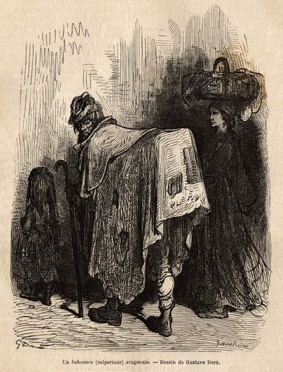 Buhonero, Aragonese peddler. Drawing by Gustave Dore (1832-1883). Engraving to illustrate the voyage in Spain, by Charles Davillier, in 1862, published in “” Le tour du monde””” 1872, edited by Edouard Charton, Hachette edition, Paris. Selva Collection. 作者 古斯塔夫·多尔（Gustave Dore）