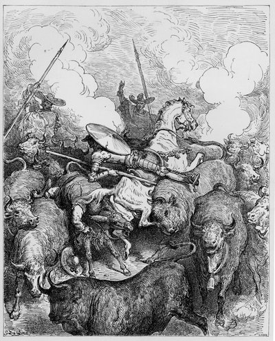 公牛战斗，来自Miguel Cervantes的&39;Don Quixote de la Mancha&39;，由Heliodore Joseph Pisan雕刻，1875年 作者 古斯塔夫·多尔（Gustave Dore）