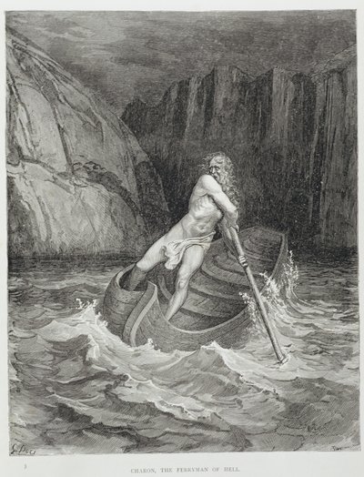 Charon，地狱的渡船，来自神圣喜剧（Inferno）的Dante Alighieri（1265-1321），由Stephane Pannemaker（1847-1930）刻制，c.1868 作者 古斯塔夫·多尔（Gustave Dore）