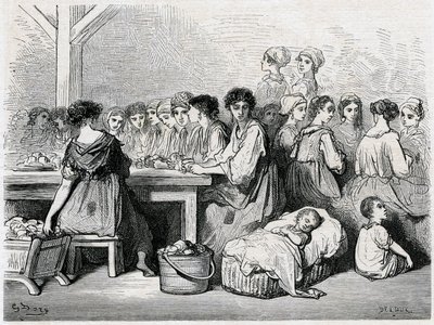 塞维利亚的雪茄。雪茄，工人，烟草的制造。古斯塔夫·多尔（Gustave Dore）绘制的插图，描绘了查尔斯·达维利尔（Charles Davillier）的“西班牙航海之旅” 作者 古斯塔夫·多尔（Gustave Dore）