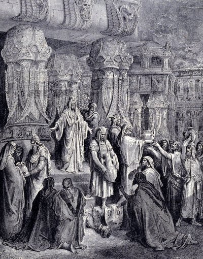 Cyrus II the Great (580 BC - 530 BC) freed the captive peoples upon his arrival in Babylon in 539 BC and returned to the Jewish people the sacred vessels that had been taken as spoils in the temple of Jerusalem. Engraving by Gustave Doré. 作者 古斯塔夫·多尔（Gustave Dore）