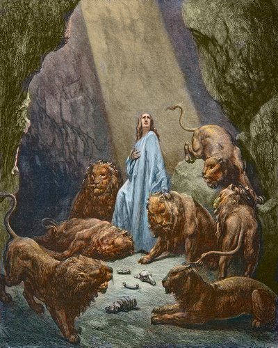 Daniel est jete dans la fonds aux lions - Daniel in the Den of Lions - 古斯塔夫-多尔的雕刻作品 - 后期着色 作者 古斯塔夫·多尔（Gustave Dore）