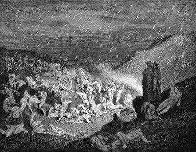 但丁-阿利吉耶里《地狱篇》，《神曲》第一部，1863 年。第十四节：第七层第三小节，惩罚三种暴力：对上帝、对自然和对艺术的暴力。不断上演的是可恶的手 作者 古斯塔夫·多尔（Gustave Dore）