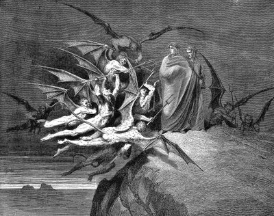 但丁和维吉尔在穿越第八层地狱时被恶魔围困。古斯塔夫-多尔为但丁《地狱篇》第二十一节所作的插图（1861 年）。木版画 作者 Gustave Dore