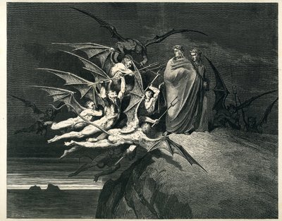 但丁和维吉尔面对恶魔。但丁-阿利吉耶里的《地狱》（《神曲》）中的雕刻，由古斯塔夫-多尔绘制插图。1861 年法文版。"......你们都不要叛逆！"。咏叹调 21，第 72 节。 作者 古斯塔夫·多尔（Gustave Dore）