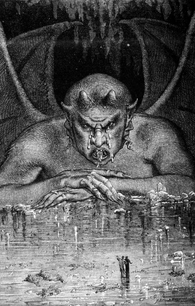 Dante et Virgil traverse les enfell 在 Dante Alighieri (1265 - 1321) 的《神曲》中：撒旦吞噬了舞蹈。 古斯塔夫·多雷 (Gustave Doré) 雕刻。 19 世纪。 作者 古斯塔夫·多尔（Gustave Dore）