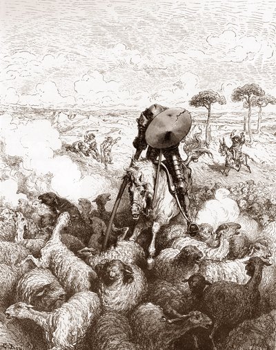 堂吉诃德袭击羊群 古斯塔夫-多尔（1832-1883 年）为米格尔-德-塞万提斯（1547-1616 年）的《曼恰的工程师伊达尔戈-堂吉诃德》（《堂吉诃德-吉诃德》）绘制的版画 1863 年 私人收藏 作者 古斯塔夫·多尔（Gustave Dore）