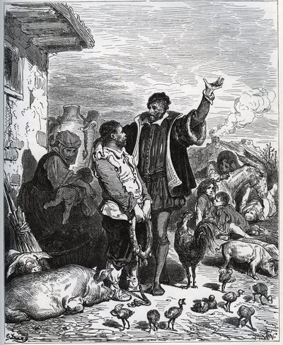 唐吉x德（Don Quixote）宣告他的邻居桑乔·潘萨（Sancho Panza）成为他的助教-选自米格尔·塞万提斯（Miguel Cervantes）的《唐吉x德·德拉·曼恰》 作者 古斯塔夫·多尔（Gustave Dore）