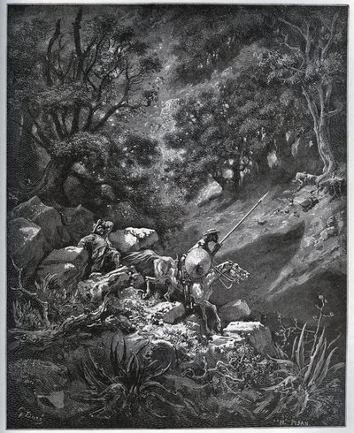 堂吉诃德和桑丘-潘沙继续他们在莫雷纳山脉的旅程，寻找德古尼尔-德拉-马莱塞矿--来自米格尔-塞万提斯（1547-1616）的《堂吉诃德》（《堂吉诃德》）--根据古斯塔夫-多尔的画作绘制的木刻版。 作者 古斯塔夫·多尔（Gustave Dore）