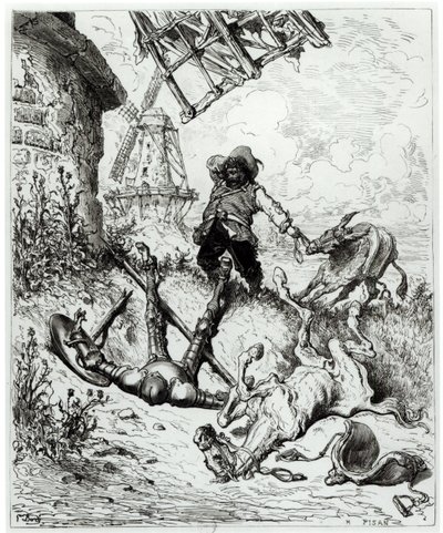 唐吉诃德和风车，来自Miguel Cervantes（1547-1616）的&39;Don Quixote de la Mancha&39;，由Heliodore Joseph Pisan（1822-90）刻 作者 古斯塔夫·多尔（Gustave Dore）