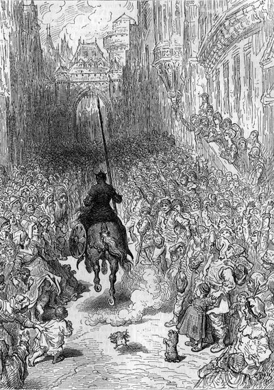 古斯塔夫-多尔（Gustave Dore，1832-1883）为路多维科-阿里奥斯托（Ludovico Ariosto）的诗作《愤怒的罗兰》（"Orlando furioso"）（16世纪）绘制的图画，被称为阿里奥斯塔。刊登在 "青年杂志 "上的版画 作者 古斯塔夫·多尔（Gustave Dore）