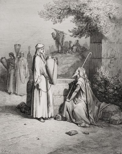 Eliezer和Rebekah，创世纪24：15-21，来自多尔的“圣经”的插图，由Piaud刻，1866年 作者 古斯塔夫·多尔（Gustave Dore）