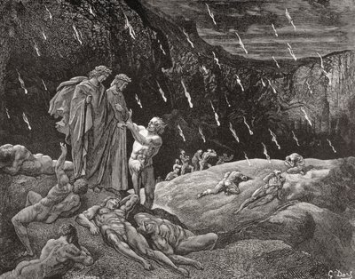 古斯塔夫-多尔（Gustave Dore）1832-1883 年为但丁-阿利吉耶里（Dante Alighieri）的《地狱篇》第 XV 章第 28 行和第 29 行绘制的版画。 作者 Gustave Dore
