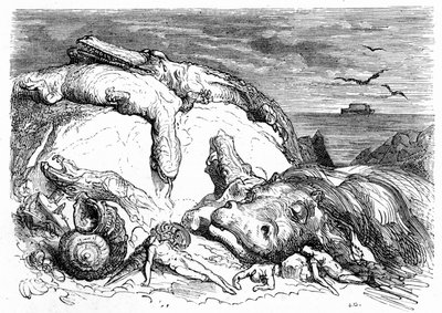 古斯塔夫-多尔（Gustave Dore）于 1850 年左右创作的版画：唤起人们对世界末日大洪水的回忆，将《圣经》传统（远处可以看到海上的诺伊方舟）和科学知识的开端（各种怪兽在山上倒下，预示着世界末日的来临）结合在一起。 作者 古斯塔夫·多尔（Gustave Dore）