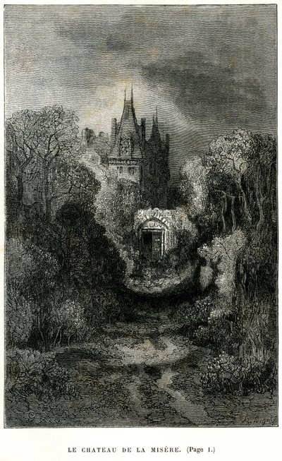 古斯塔夫-多尔（Gustave Dore）为西奥菲尔-戈蒂埃（Theophile Gautier）的小说《弗拉卡斯船长》绘制的封面插图。夏朋蒂埃 1863 年版。米赛尔城堡，西戈纳克男爵的家。 作者 Gustave Dore