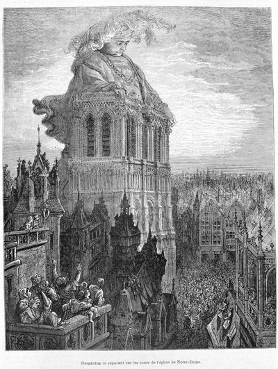 Gargantua 在圣母教堂的塔楼上休息。 弗朗索瓦·拉伯雷 (1483 - 1553) 的作品 Gargantua 后雕刻 作者 古斯塔夫·多尔（Gustave Dore）
